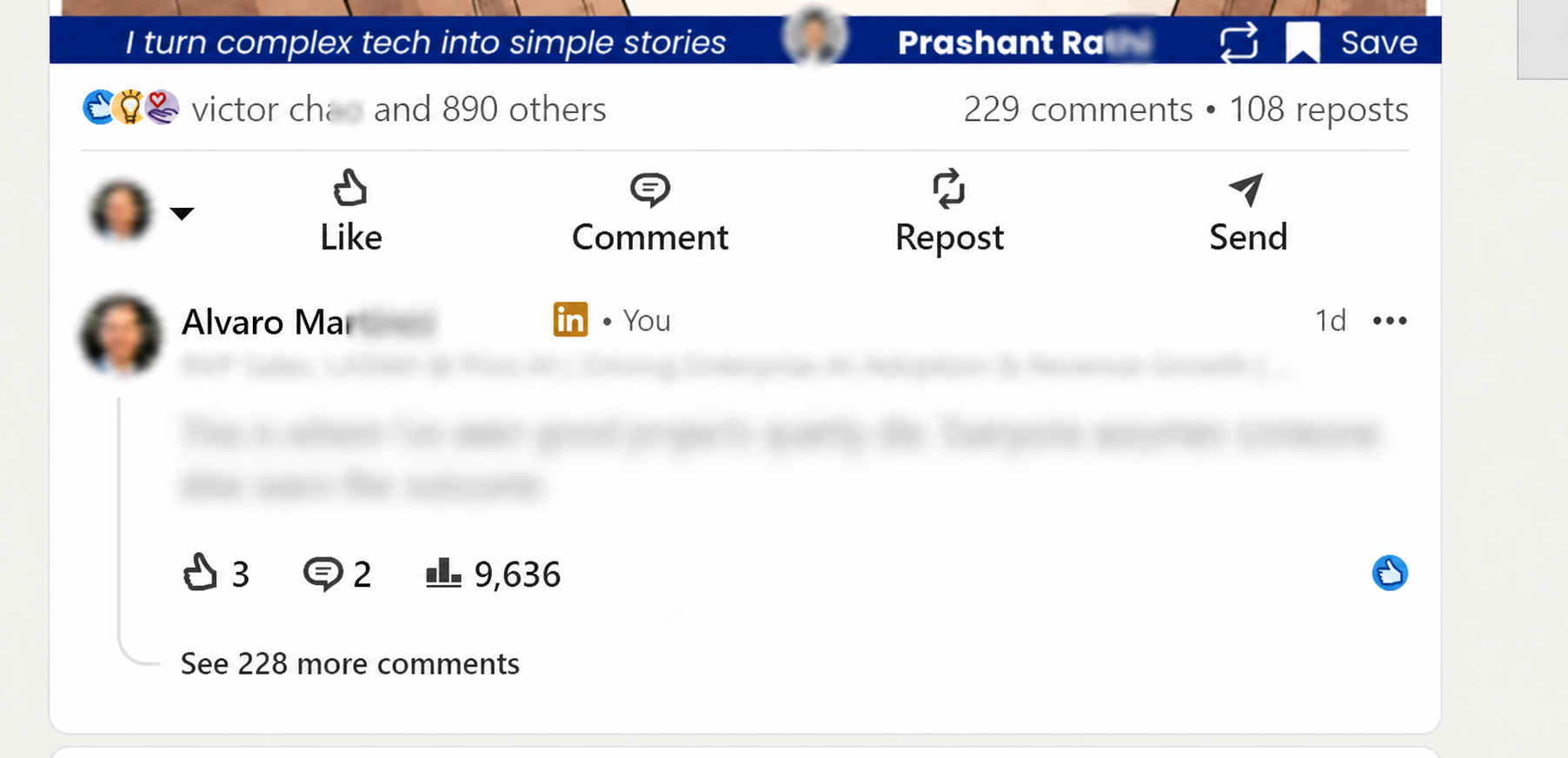 LinkedIn comment analytics showing 9,636 impressions