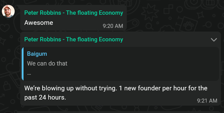 Peter Robbins message reporting one new founder per hour for the previous 24 hours